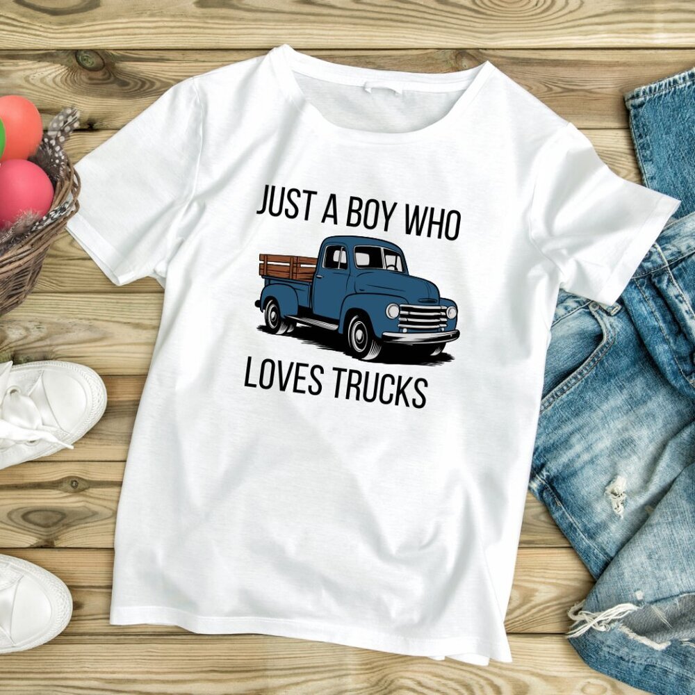 Handmade NWT Just a Boy Who Loves Trucks | Kids White Graphic Tee (XS…